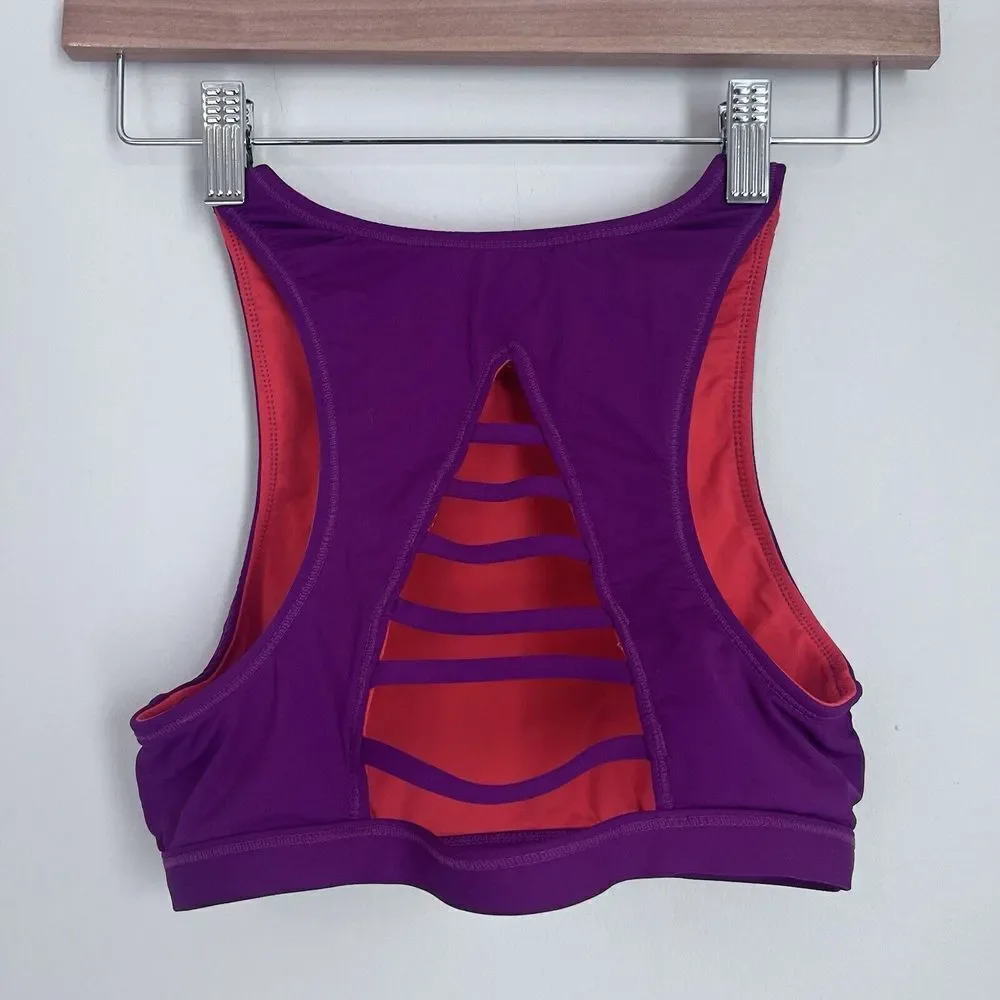 Athleta‎ Makaha Reversible High Neck Bikini Top Vermilion Orange Purple READ XS